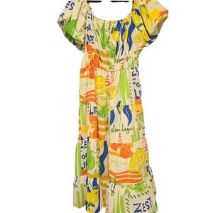 Fusionista Citrus Fruit Print Tiered Maxi Dress Plus 1X Smocked Puff Sleeve